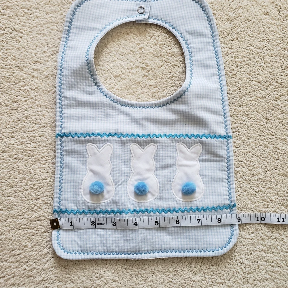 Blue Gingham Baby Bunny Rabbit PomPom Bib